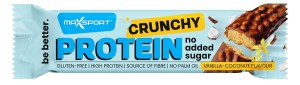 Baton proteinowy crunchy o smaku kokosa i wanilii w czekoladzie mlecznej bez dodatku cukrów bezglutenowy 40 g od MAXSPORT