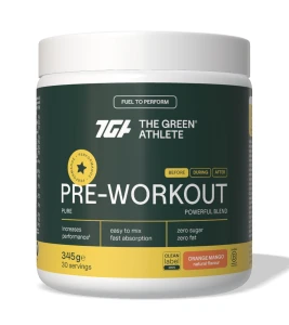 Pre workout o smaku pomarańczy i mango bezglutenowa 345 g od THE GREEN ATHLETE