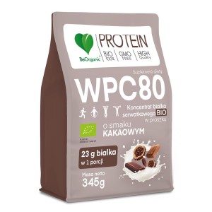 Białko serwatkowe o smaku kakaowym (koncentrat WPC 80) bez dodatku cukrów BIO 345 g od BE ORGANIC