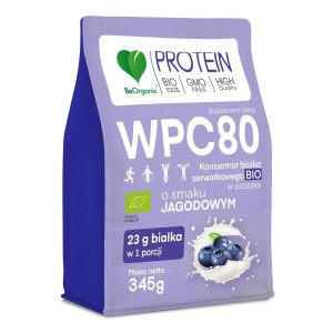 Białko serwatkowe o smaku jagodowym (koncentrat WPC 80) bez dodatku cukrów BIO 345 g od BE ORGANIC