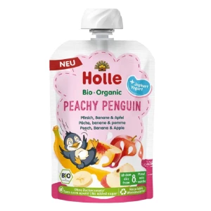 Mus brzoskwiniowy pingwin brzoskwinia banan jabłko jogurt bez dodatku cukrów bezglutenowy od 8 m-ca BIO 100 G od HOLLE