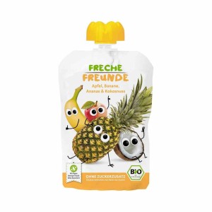 Mus jabłko banan ananas kokos bez dodatku cukrów bezglutenowy od 6 m-cy BIO 100 g od FRECHE FREUNDE