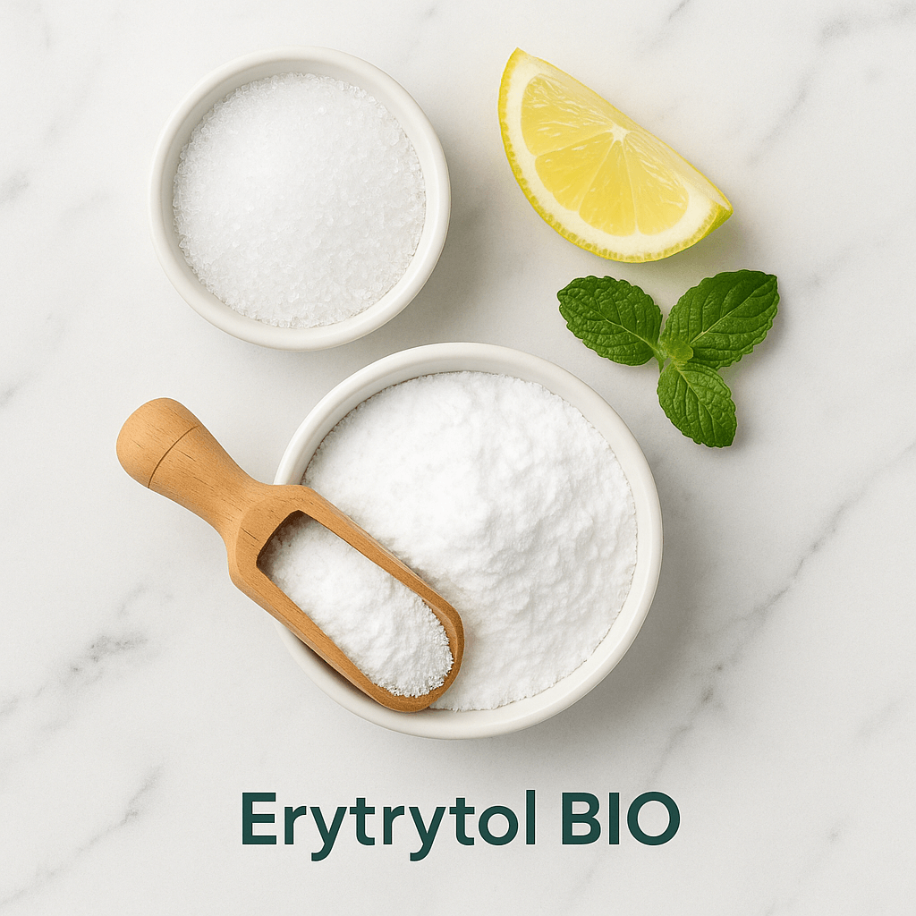 Erytrytol BIO – granulat i puder w białych miseczkach oraz drewnianej łopatce, z listkami mięty i cytryną na białym marmurze – kupujezdrowo.pl – sklep internetowy ze zdrową żywnością i ekologiczną