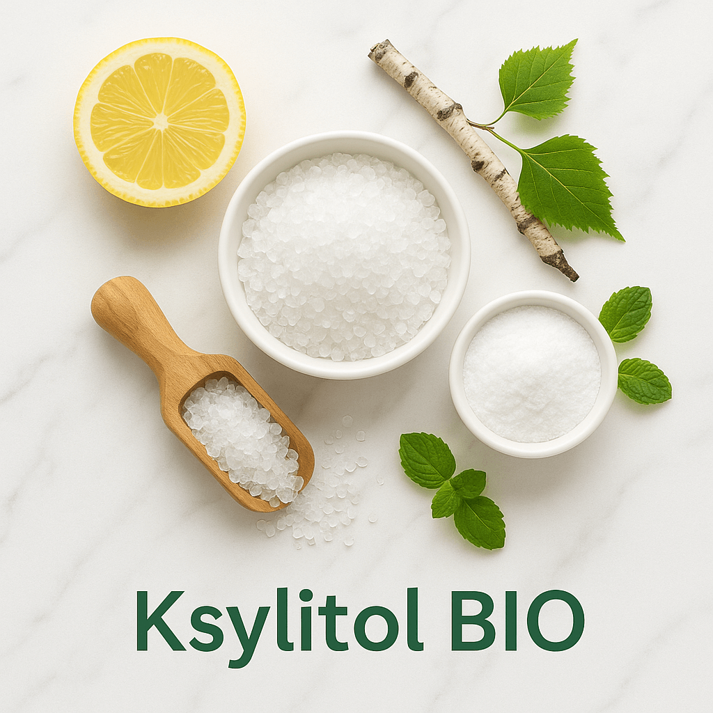 Ksylitol-BIO-kryształki-i-puder-w-miseczkach-oraz-drewnianej-łopatce,-z-gałązką-brzozy-i-miętą-na-białym-marmurze-kupujezdrowo.pl-sklep-internetowy-ze-zdrową-żywnością-i-ekologiczną