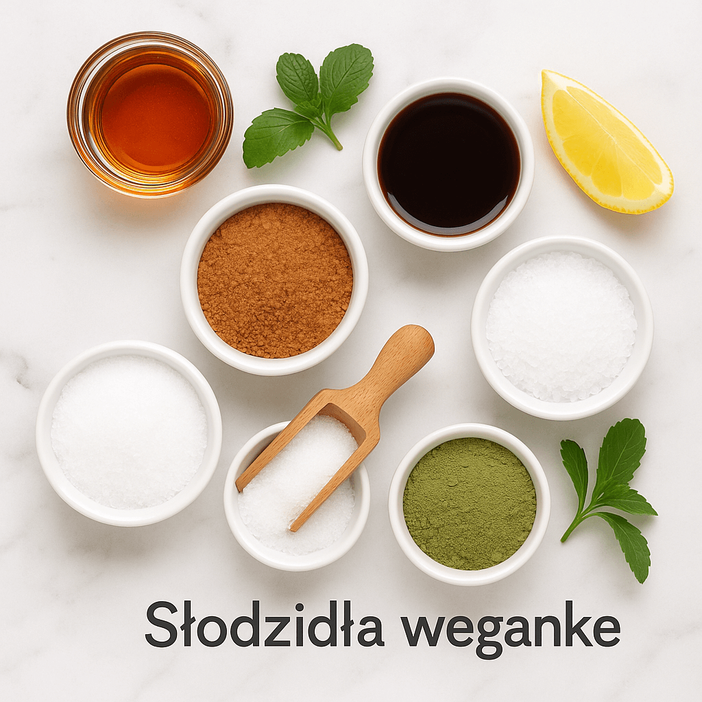 Słodzidła-wegańskie:-syrop-klonowy,-syrop-z-agawy,-syrop-daktylowy,-cukier-kokosowy,-erytrytol,-ksylitol-oraz-stewia-(proszek-i-liście)-w-miseczkach-na-białym-marmurze-kupujezdrowo.pl-sklep-internetowy-ze-zdrową-żywnością-i-ekologiczną