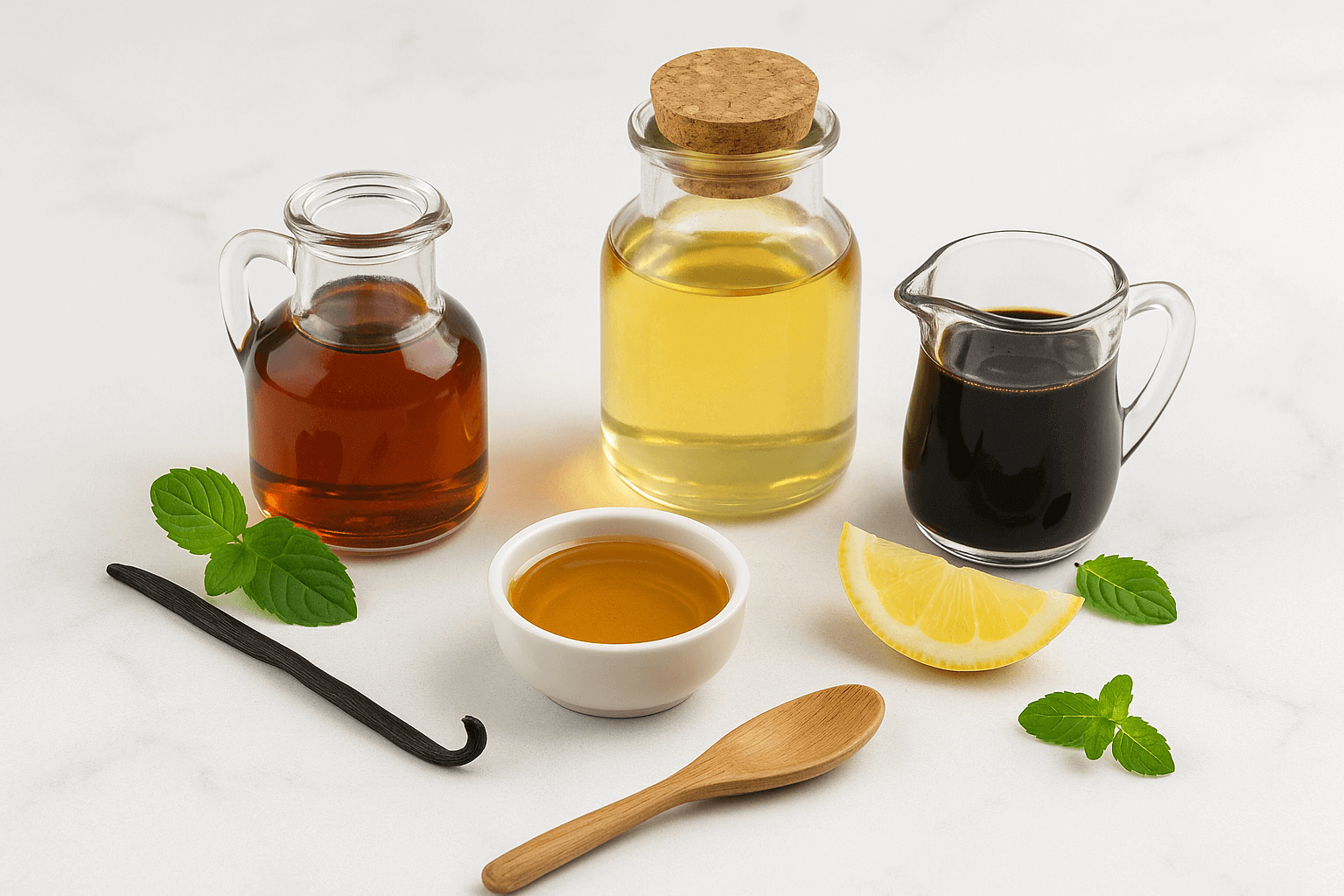 Syrop-naturalny-BIO-trzy-rodzaje:-klonowy-(bursztynowy),-z-agawy-(złocisty)-i-daktylowy-(ciemny)-w-szklanych-karafkach-oraz-miseczce,-z-listkami-mięty,-laską-wanilii-i-plasterkiem-cytryny-na-białym-marmurze-kupujezdrowo.pl-sklep-internetowy-ze-zdrową-żywnością-i-ekologiczną