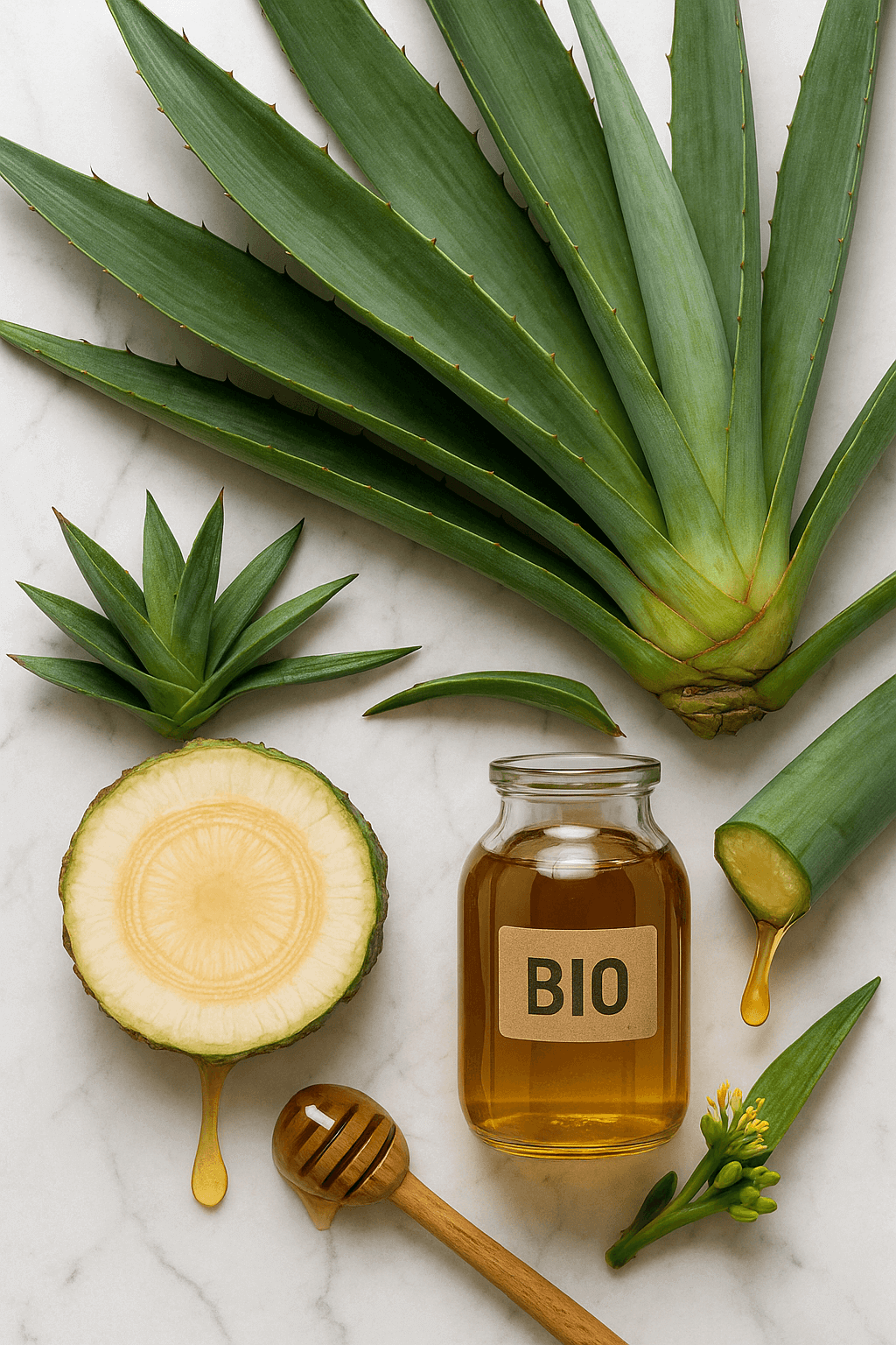 Syrop-z-agawy-BIO-złocisty-syrop-w-szklanej-karafce-i-miseczce,-z-liśćmi-agawy,-łyżką-do-miodu-i-kawałkiem-cytryny-na-białym-marmurze-kupujezdrowo.pl-sklep-internetowy-ze-zdrową-żywnością-i-ekologiczną