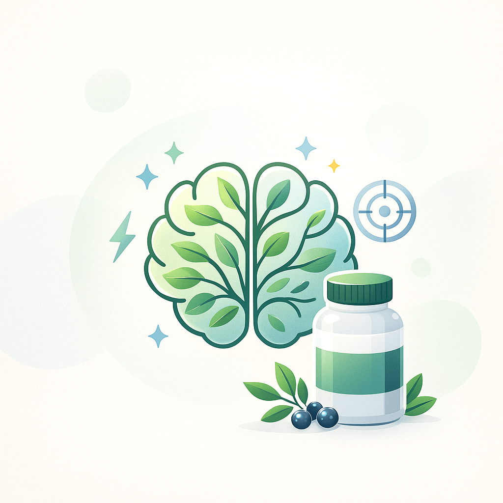 Pamięć i koncentracja – suplementy BIO: minimalistyczna ilustracja bez tekstu – centralnie mózg z pierścieniami ‘focus’, obok kapsułki, buteleczka kropli, filiżanka naparu z listkiem, błysk energii i jagody; jasne beżowe tło, płaskie kolory – kupujezdrowo.pl – sklep internetowy ze zdrową żywnością i ekologiczną