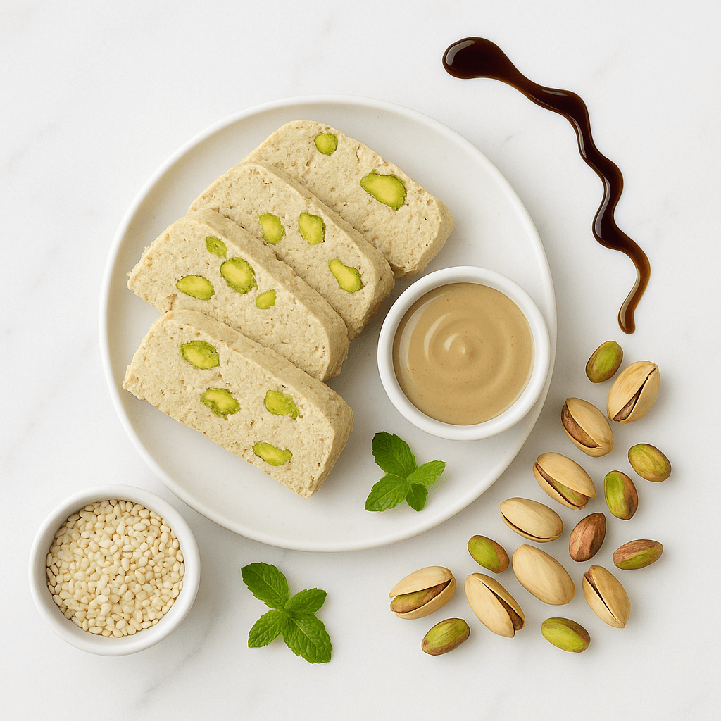Chałwa BIO podana w plastrach z pistacjami, obok miseczka tahini, sezam, pistacje i nitka syropu daktylowego – flat-lay na jasnym tle – kupujezdrowo.pl – sklep internetowy ze zdrową żywnością i ekologiczną