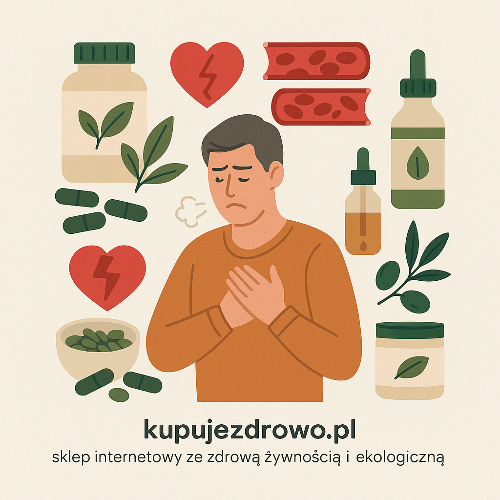 Cholesterol – suplementy BIO: minimalistyczna ilustracja bez tekstu – mężczyzna trzymający dłoń na klatce piersiowej, obok roślinne kapsułki, krople, słoiczki, liście, serce i przekrój naczynia krwionośnego – jasne, płaskie kolory na beżowym tle – kupujezdrowo.pl – sklep internetowy ze zdrową żywnością i ekologiczną