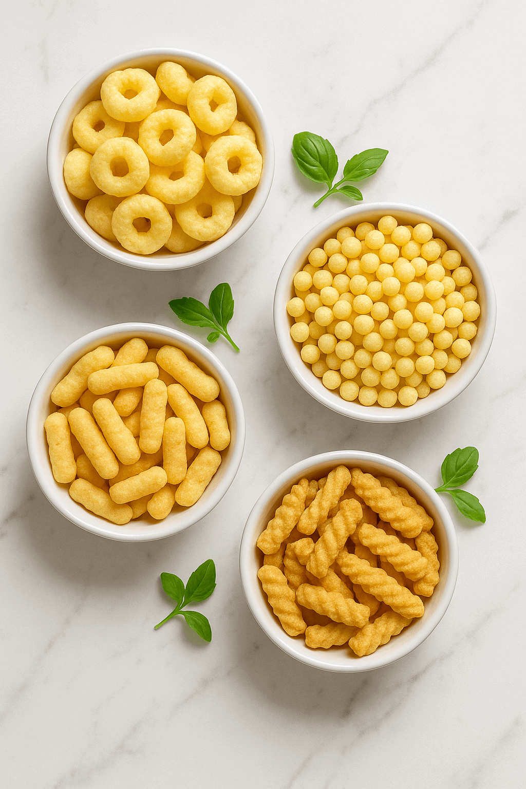 Chrupki-BIO:-kukurydziane-kółeczka,-jaglane-kuleczki,-chrupki-z-ciecierzycy-i-z-soczewicy-w-białych-miseczkach-na-białym-marmurze-kupujezdrowo.pl-sklep-internetowy-ze-zdrową-żywnością-i-ekologiczną