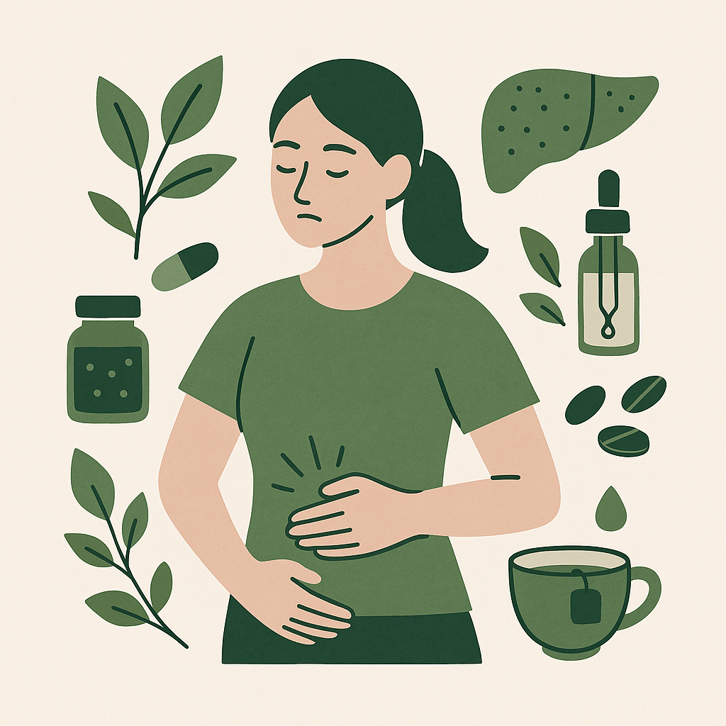 Detox – suplementy BIO: minimalistyczna ilustracja bez tekstu – kobieta trzymająca dłonie na brzuchu, wokół symbole wspierające detoks: liście, wątroba, kapsułki, krople (tinctura) i filiżanka naparu – jasne beżowe tło, płaskie kolory – kupujezdrowo.pl – sklep internetowy ze zdrową żywnością i ekologiczną