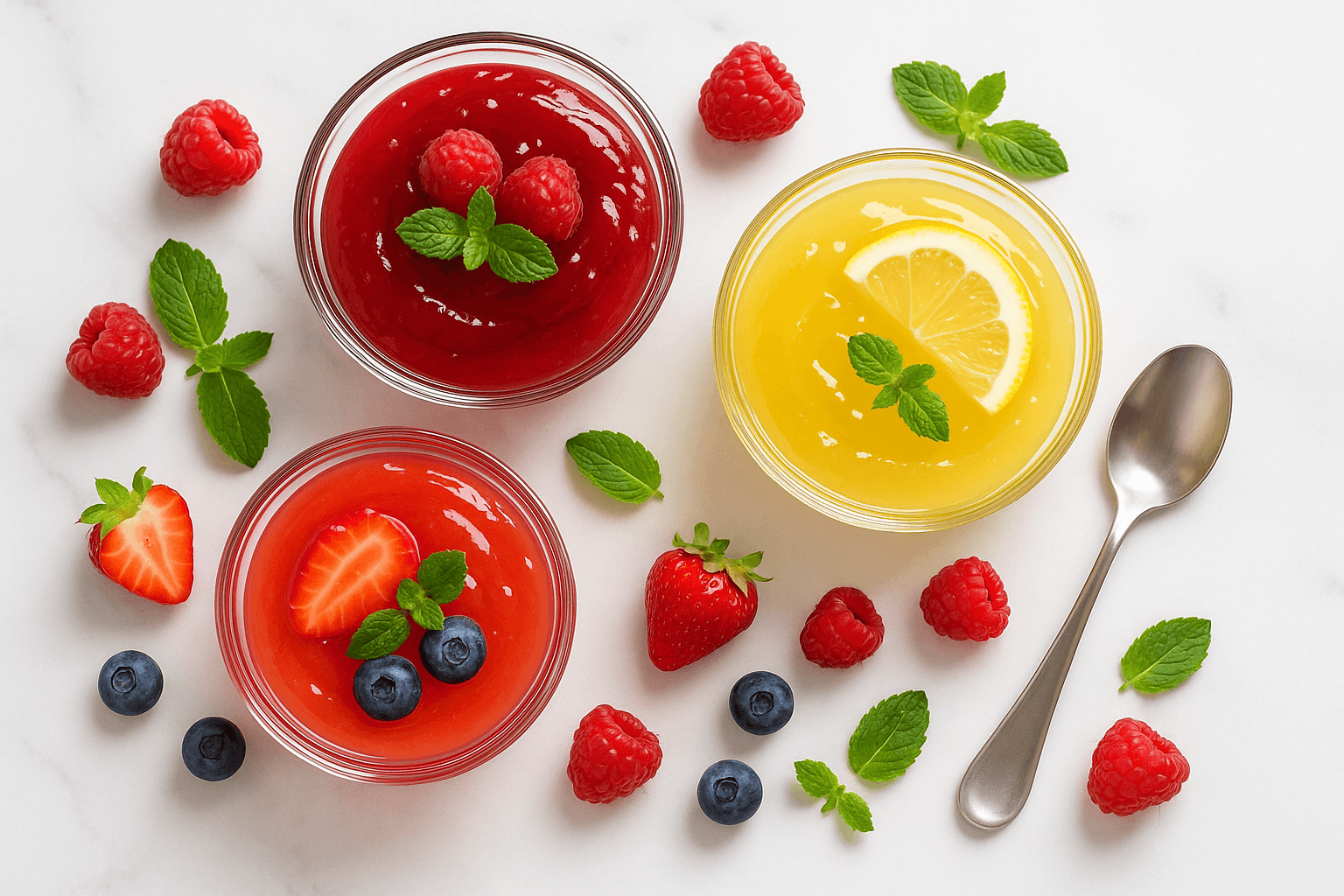 Kisiel BIO w pucharkach: malinowy, truskawkowy i cytrynowy, podany z owocami i listkami mięty – flat-lay na białym marmurze – kupujezdrowo.pl – sklep internetowy ze zdrową żywnością i ekologiczną