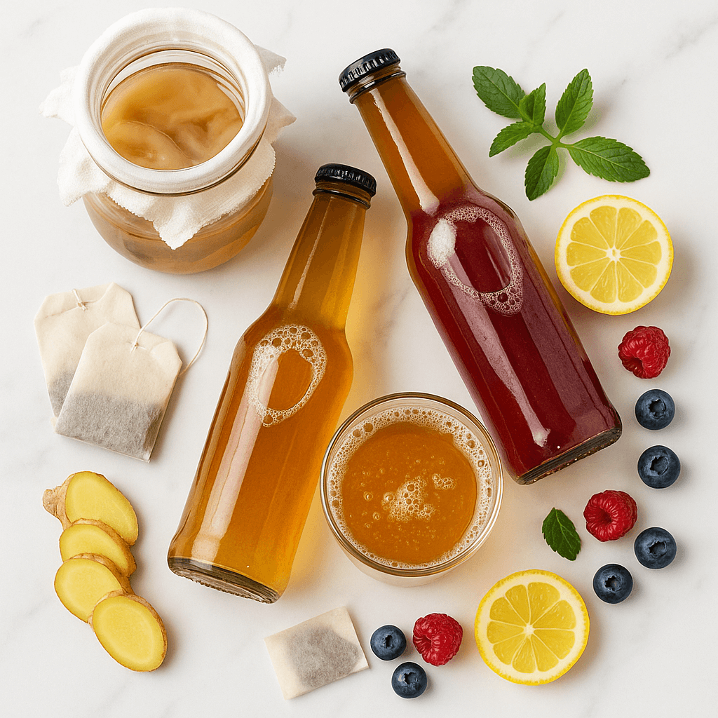 Kombucha BIO – butelki i szklanka musującej herbaty fermentowanej, słoik z SCOBY, herbata, imbir, cytryna, mięta oraz owoce – flat-lay na białym marmurze – kupujezdrowo.pl – sklep internetowy ze zdrową żywnością i ekologiczną