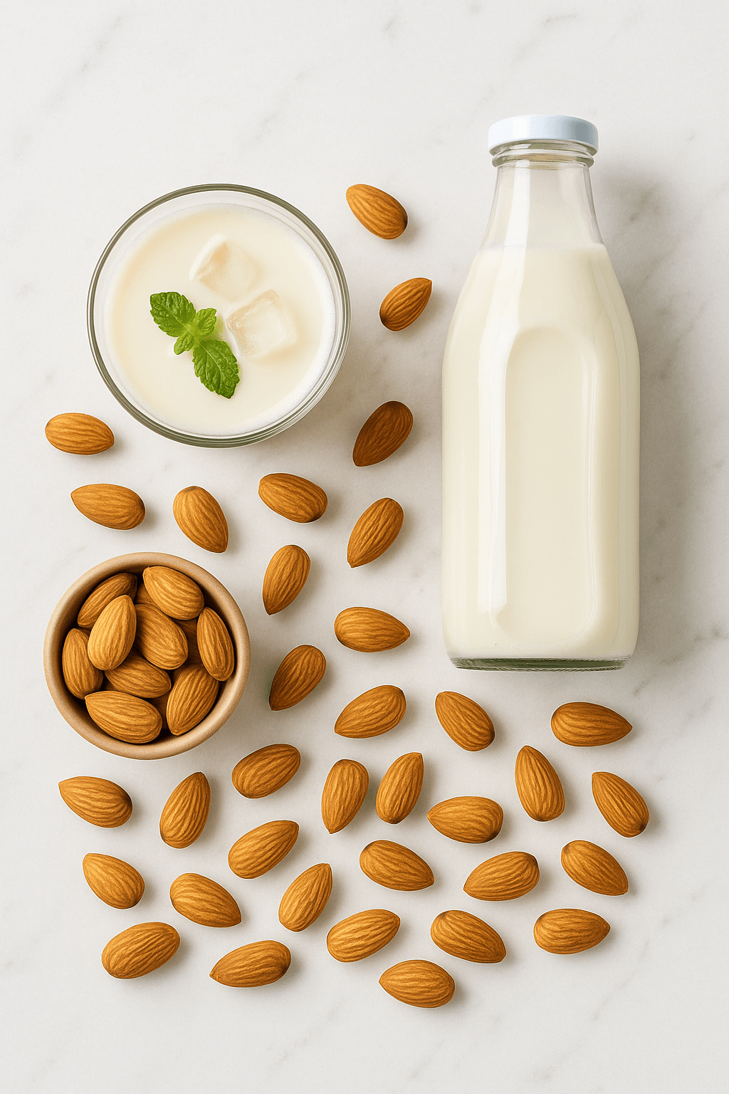 Napój migdałowy BIO (typu mleko) – szklanka z kostkami lodu i listkiem mięty, butelka napoju oraz miseczka i rozsypane migdały – ujęcie flat-lay na białym marmurze – kupujezdrowo.pl – sklep internetowy ze zdrową żywnością i ekologiczną