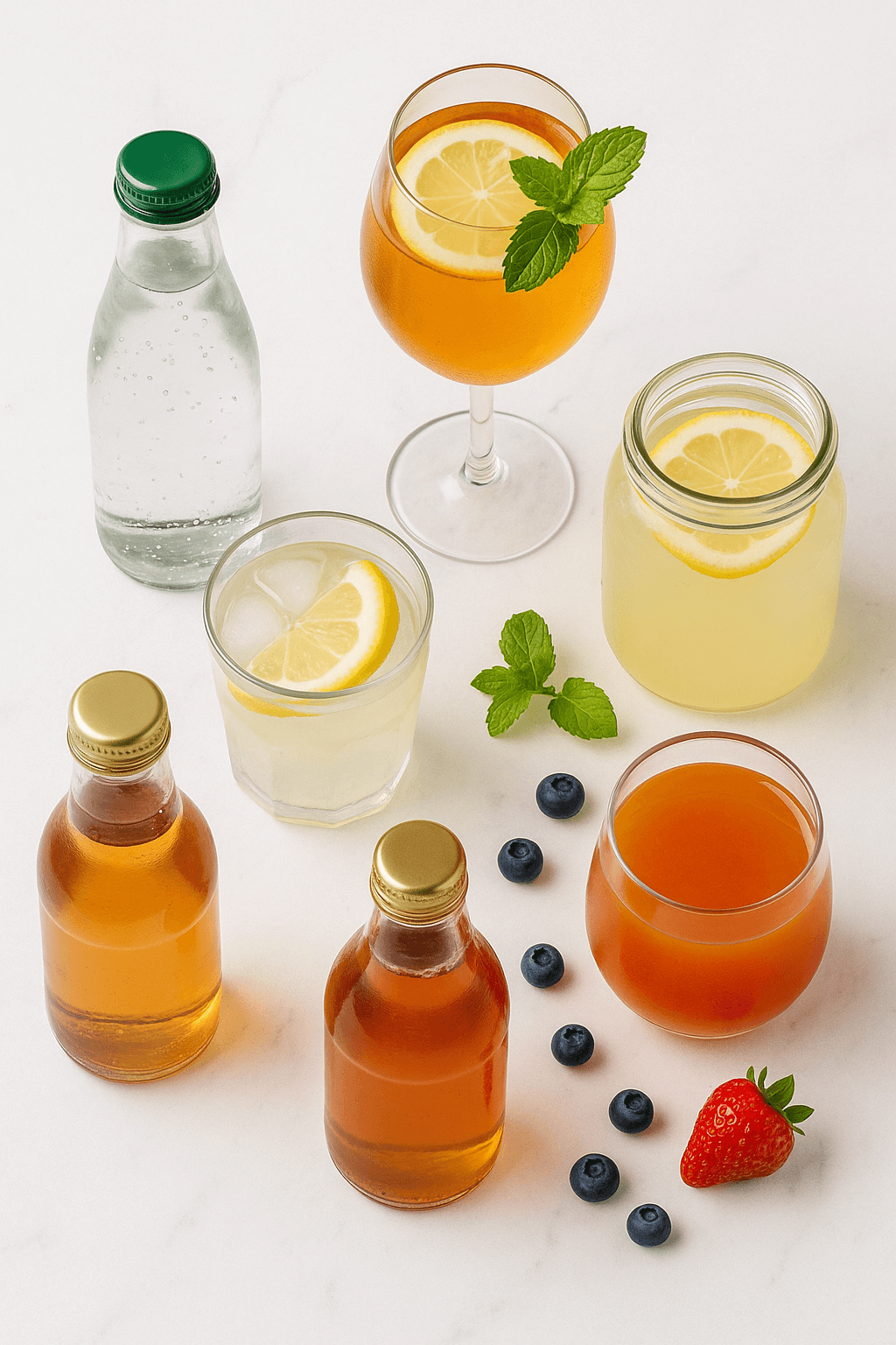 „Napoje bezalkoholowe BIO – woda gazowana, mrożona herbata, lemoniada, smoothie/sok i butelki napojów fermentowanych, z plasterkami cytryny, listkami mięty i owocami – flat-lay na białym marmurze – kupujezdrowo.pl – sklep internetowy ze zdrową żywnością i ekologiczną
