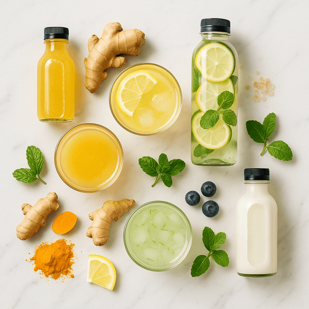Napoje funkcjonalne BIO – shot imbirowo-kurkumowy, izotonik cytrynowy, woda witaminowa z cytryną i miętą, napój matcha/yerba, probiotyk oraz aloevera z kostkami lodu; imbir, kurkuma, cytryna, mięta i jagody – ujęcie flat-lay na białym marmurze – kupujezdrowo.pl – sklep internetowy ze zdrową żywnością i ekologiczną