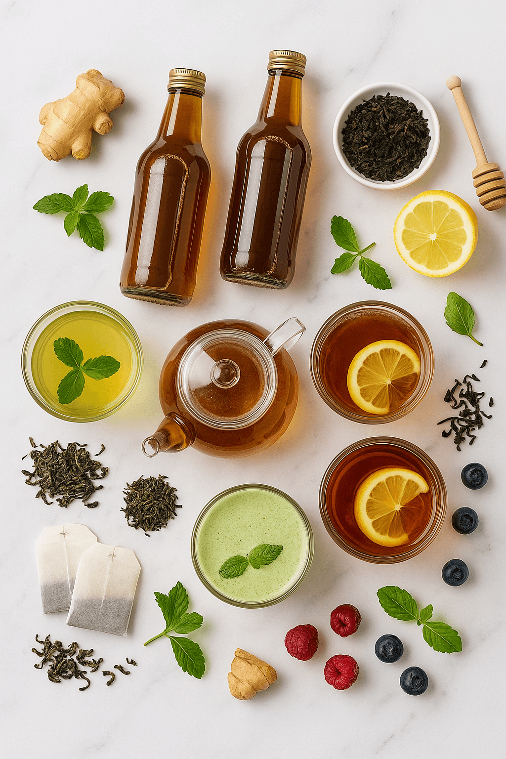 Napoje herbaciane BIO – czajniczek i szklanki z zieloną, czarną i imbirową herbatą, butelki iced tea, liście herbaty, torebki, cytryna, imbir i mięta – flat-lay na białym marmurze – kupujezdrowo.pl – sklep internetowy ze zdrową żywnością i ekologiczną