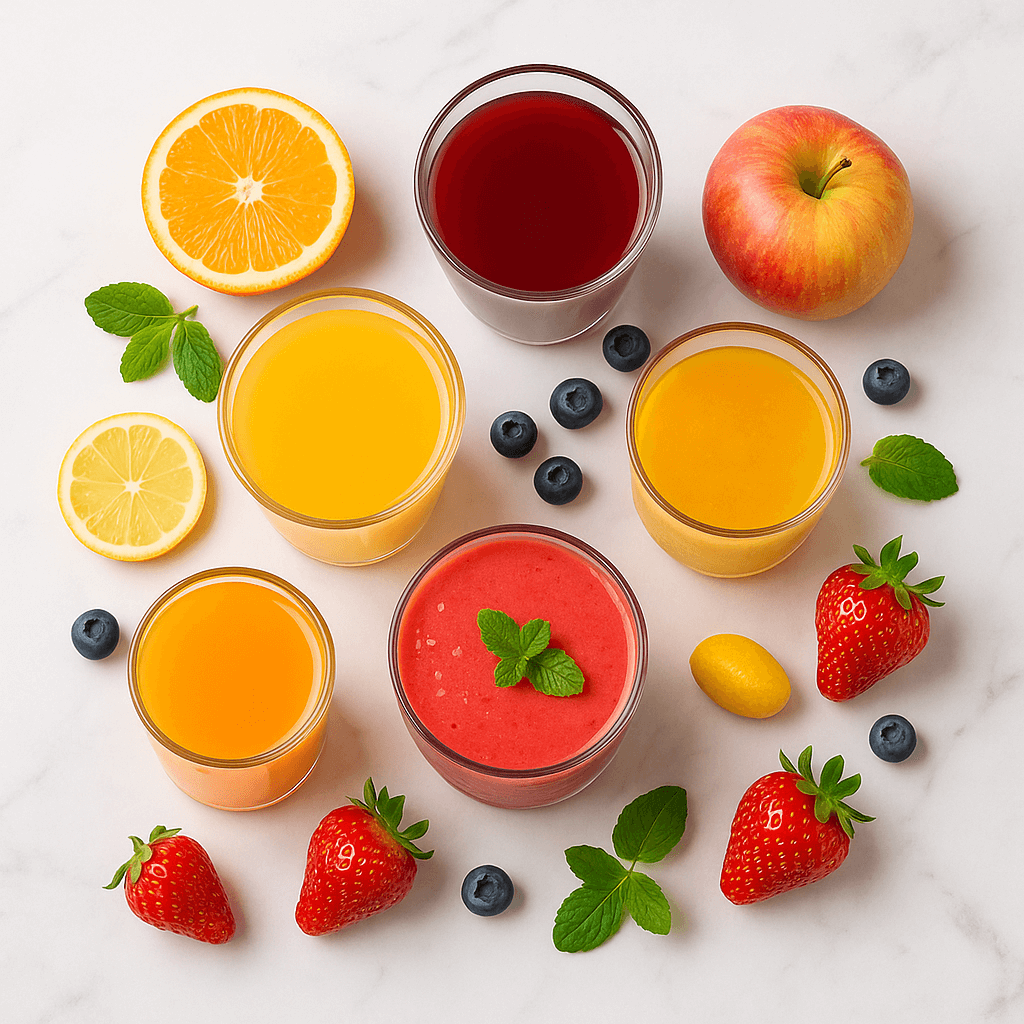 apoje owocowe BIO – szklanki z sokiem pomarańczowym, jabłkowym, wiśniowym/porzeczkowym, mango-marakuja i truskawkowym smoothie, otoczone świeżymi owocami i miętą – flat-lay na białym marmurze – kupujezdrowo.pl – sklep internetowy ze zdrową żywnością i ekologiczną