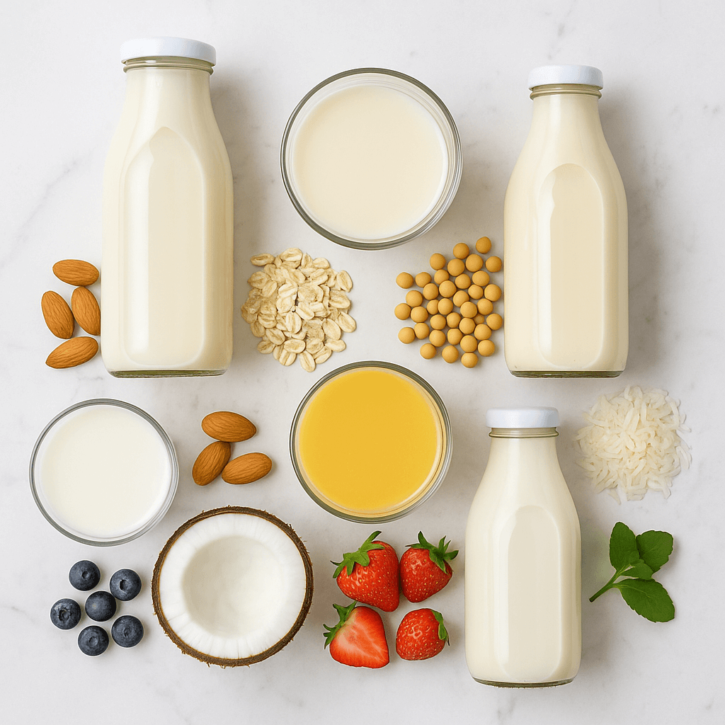 Napoje roślinne BIO – mleko migdałowe, owsiane, sojowe, kokosowe i ryżowe w szklankach, z migdałami, płatkami owsianymi, ziarnami soi, wiórkami kokosa i ziarnem ryżu – flat-lay na białym marmurze – kupujezdrowo.pl – sklep internetowy ze zdrową żywnością i ekologiczną