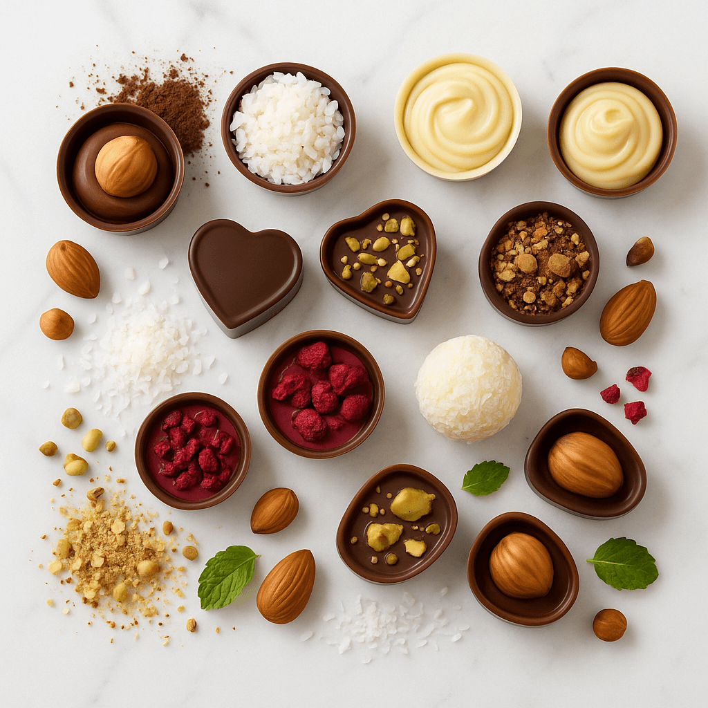 Praliny BIO – z czekolady gorzkiej, mlecznej i białej z nadzieniami (pistacja, kokos, malina, orzech), z posypkami: kakao, kruszone orzechy, wiórki kokosowe – flat-lay na białym marmurze – kupujezdrowo.pl – sklep internetowy ze zdrową żywnością i ekologiczną