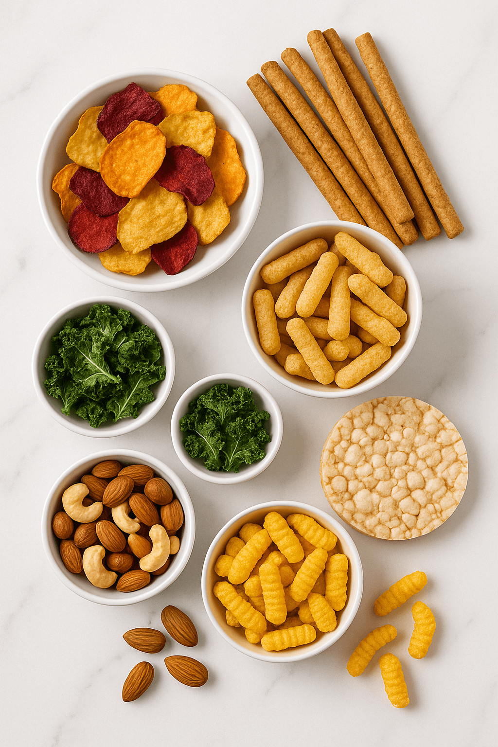 Przekąski-ekologiczne:-chipsy-warzywne,-paluszki-pełnoziarniste,-chrupki-kukurydziane-oraz-wafle-przekąski/ryżowe-flat-lay-w-białych-miseczkach-na-marmurze-kupujezdrowo.pl-sklep-internetowy-ze-zdrową-żywnością-i-ekologiczną