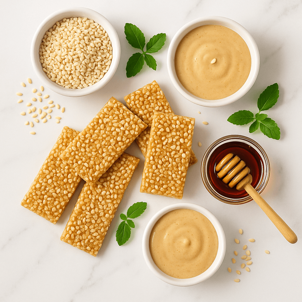 Sezamki-BIO-batoniki-z-sezamu-na-syropie-naturalnym,-z-miseczką-sezamu,-tahini-i-syropem-(np.-klonowym/ryżowym)-oraz-listkami-mięty-flat-lay-na-białym-marmurze-kupujezdrowo.pl-sklep-internetowy-ze-zdrową-żywnością-i-ekologiczną