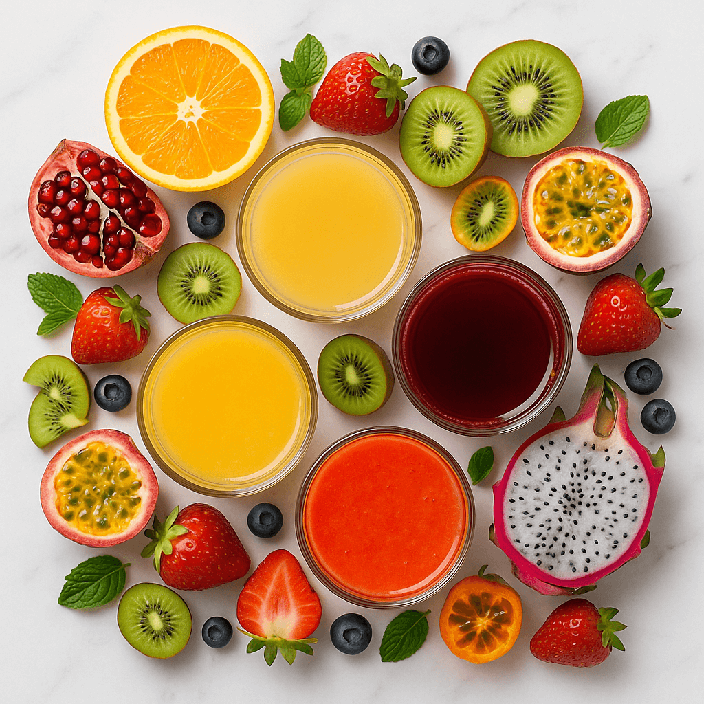 Soki i nektary owocowe BIO – szklanki z sokiem pomarańczowym, jabłkowym, wiśniowym/porzeczkowym, mango i truskawkowym smoothie, otoczone plasterkami owoców i listkami mięty – flat-lay na białym marmurze – kupujezdrowo.pl – sklep internetowy ze zdrową żywnością i ekologiczną