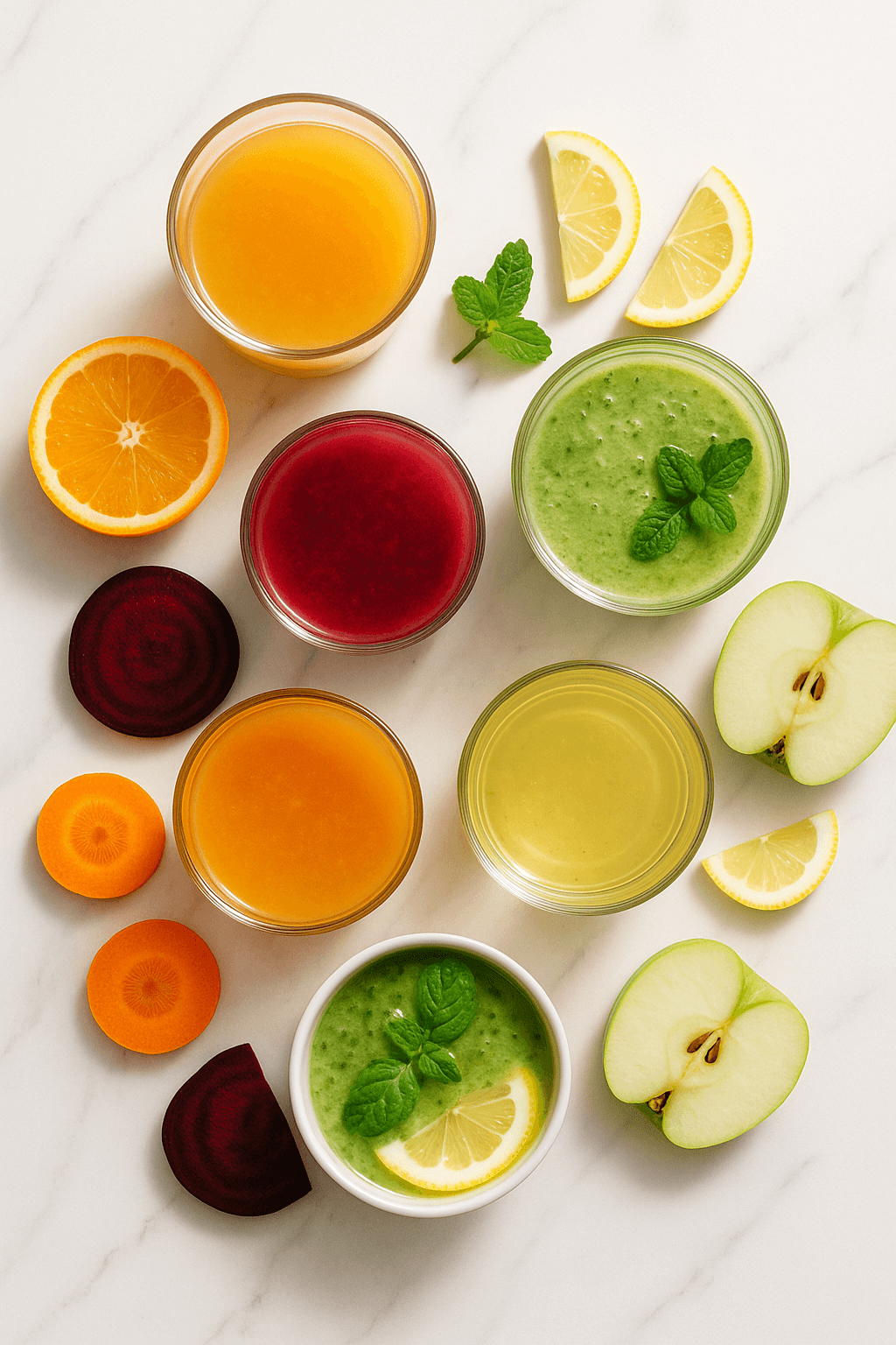 Soki, nektary i napoje BIO – szklanki z sokiem pomarańczowym, jabłkowym, buraczanym, zielonym smoothie i lemoniadą, otoczone świeżymi owocami i warzywami – flat-lay na białym marmurze – kupujezdrowo.pl – sklep internetowy ze zdrową żywnością i ekologiczną