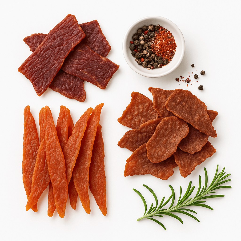 Suszone-mięso-BIO:-wołowe-jerky,-drobiowe-strips-i-chipsy-mięsne,-z-miseczką-przypraw-(pieprz,-papryka)-i-gałązką-rozmarynu-flat-lay-na-białym-marmurze-kupujezdrowo.pl-sklep-internetowy-ze-zdrową-żywnością-i-ekologiczną
