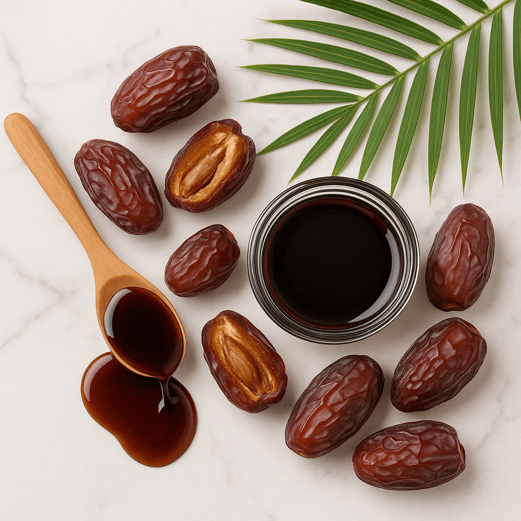 Syrop-daktylowy-BIO-gęsty,-ciemnobrązowy-syrop-w-słoiku-i-na-łyżce,-otoczenie:-daktyle-Medjool-(całe-i-przekrojone)-oraz-liść-palmy-daktylowej-na-białym-marmurze-kupujezdrowo.pl-sklep-internetowy-ze-zdrową-żywnością-i-ekologiczną