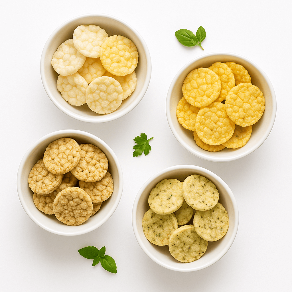 Wafle-przekąski-BIO-na-białym-tle:-mini-wafle-ryżowe,-kukurydziane,-wieloziarniste-i-ziołowo-solone-w-białych-miseczkach-kupujezdrowo.pl-sklep-internetowy-ze-zdrową-żywnością-i-ekologiczną