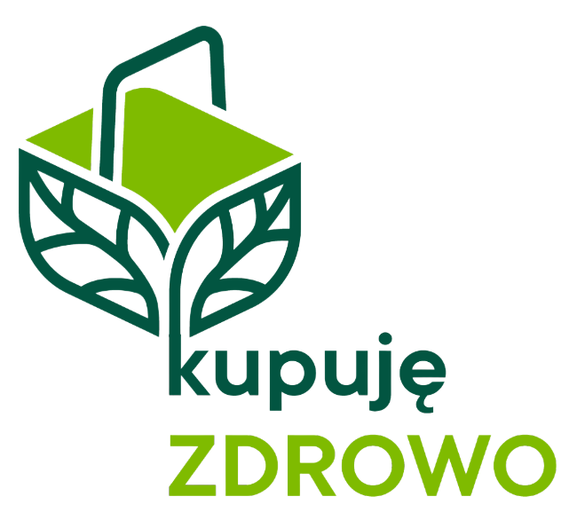 Logo sklepu Kupuję Zdrowo — zielony koszyk w kształcie liścia z napisem „kupuję zdrowo”.
