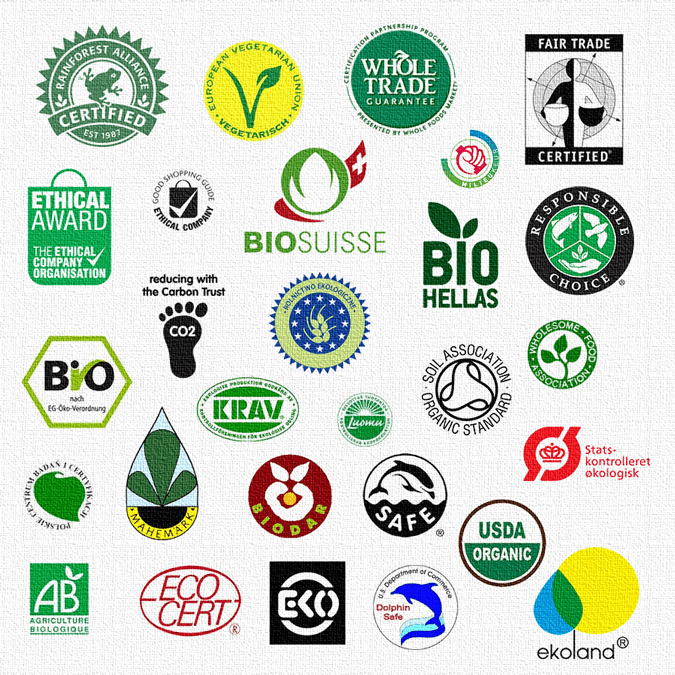Zestaw logotypów międzynarodowych certyfikatów ekologicznych i społecznej odpowiedzialności: Rainforest Alliance Certified (zielona żaba), Vegetarian Union, Whole Trade Guarantee, Fair Trade Certified, Ethical Award, Carbon Footprint, EU Organic (zielony liść), Bio Suisse, Bio Hellas, Responsible Choice, BÖ (EU Bio), KRAV, Soil Association, Statskontrolleret Økologisk, Agriculture Biologique AB, Ecocert, EKO, Ecoland, USDA Organic, Dolphin Safe i inne.